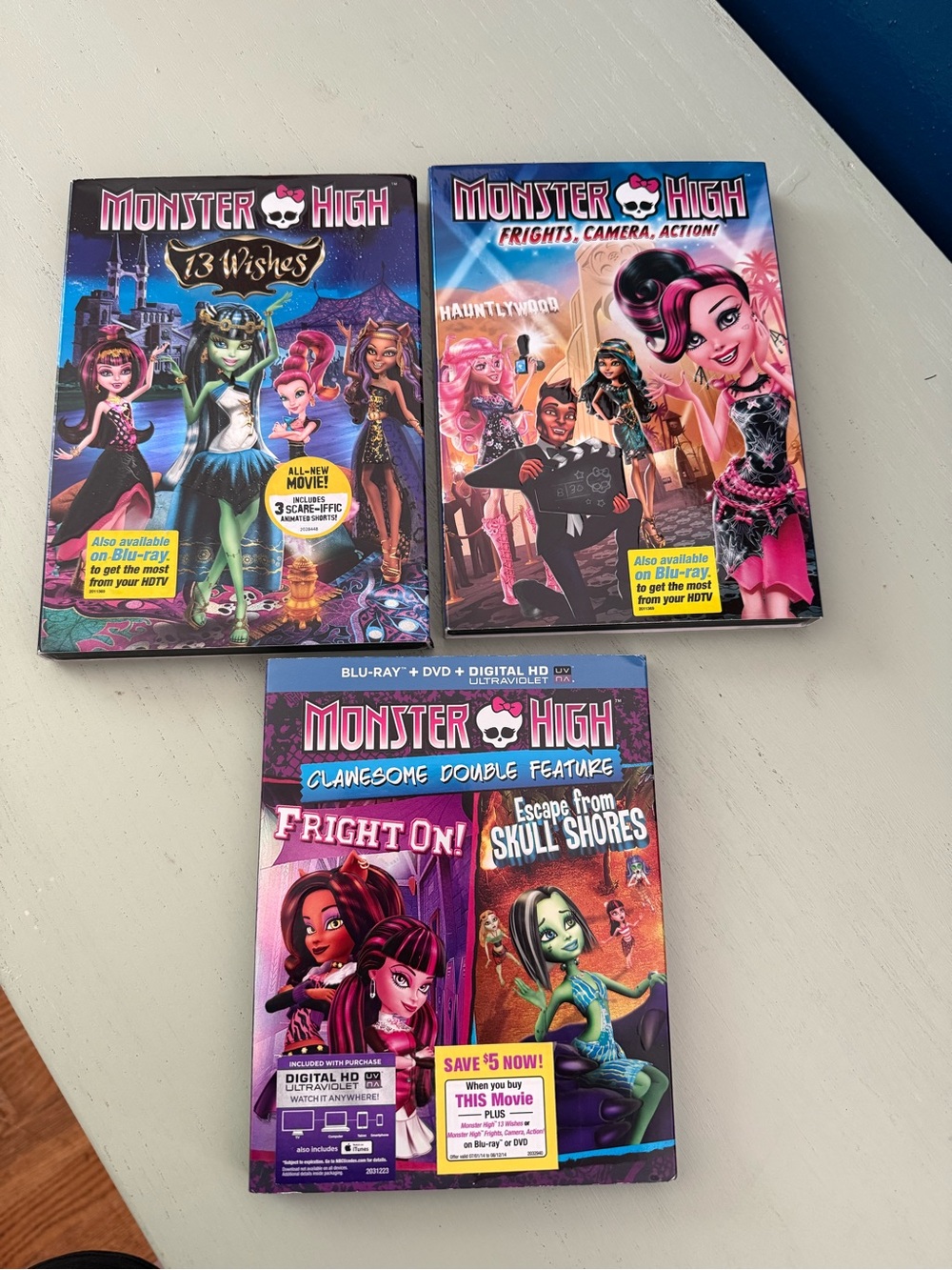 Monster High Lot of 3 DVDs Blu-Rays 13 Wishes-Frights, Camera, Action!-Fright On